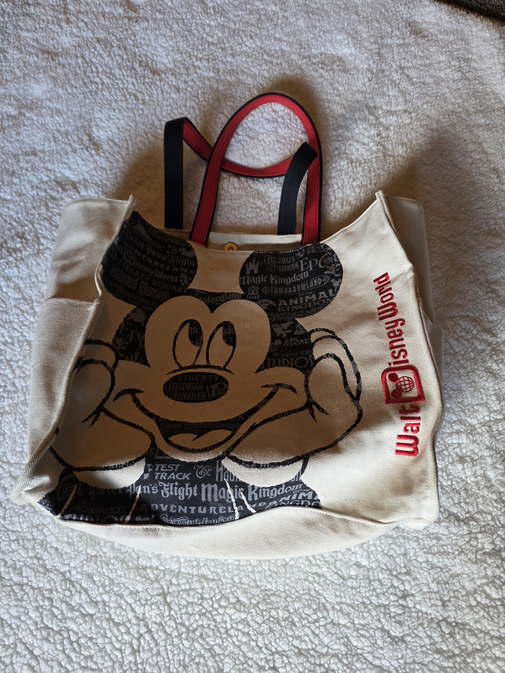 DisneyParks Cream Canvas Mickey Tote with Black Print and Red Handles